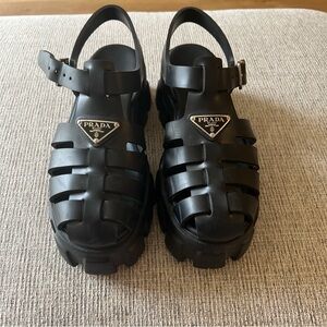 Prada Monolith Platform Fisherman Sandals Black Rubber Size 38
